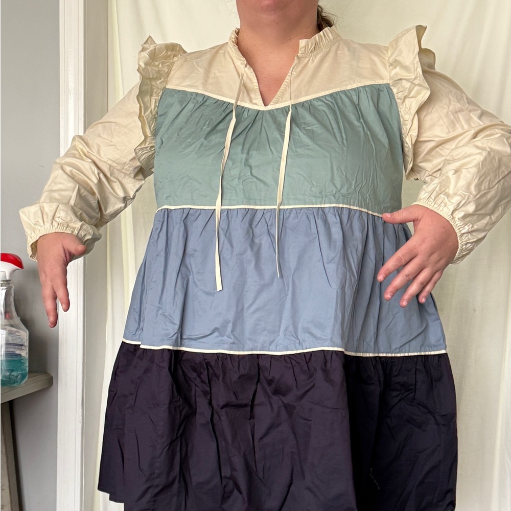 LOVELO Sage blue and navy V-neck Poplin dress with tie straps (long tunic)